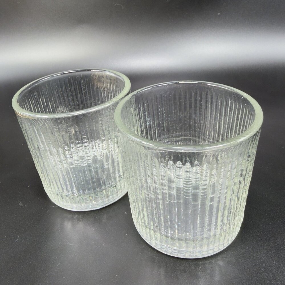 Jeannette Glass Finlandia Tree‎ Bark Clear Lowball Votive Glasses Cups Set 2 VTG